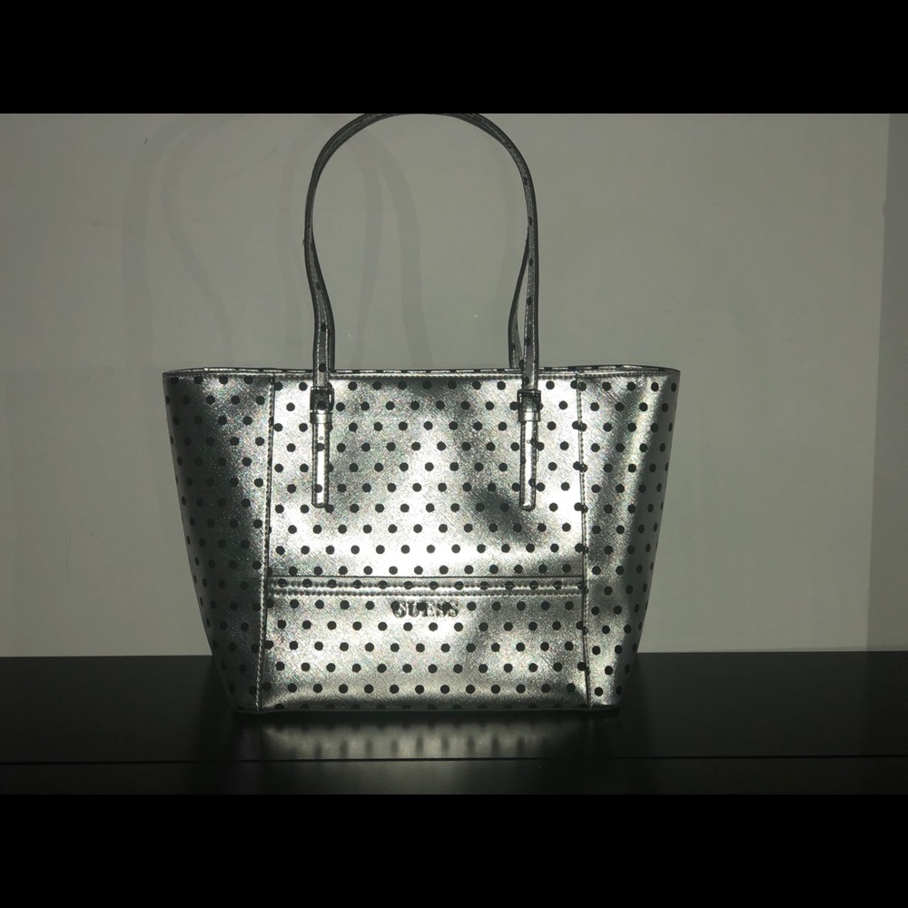 GUESS DELANEY SILVER POLKA-DOT SMALL CLASSIC TOTE - Picture 1 of 8